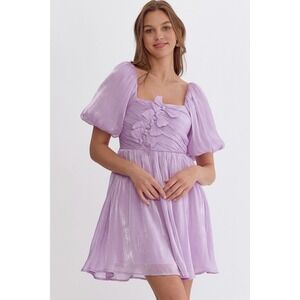 Lavender Mini Dress‎ Puff Sleeve Bow Detail Iridescent Party Cocktail Dress Sz L
